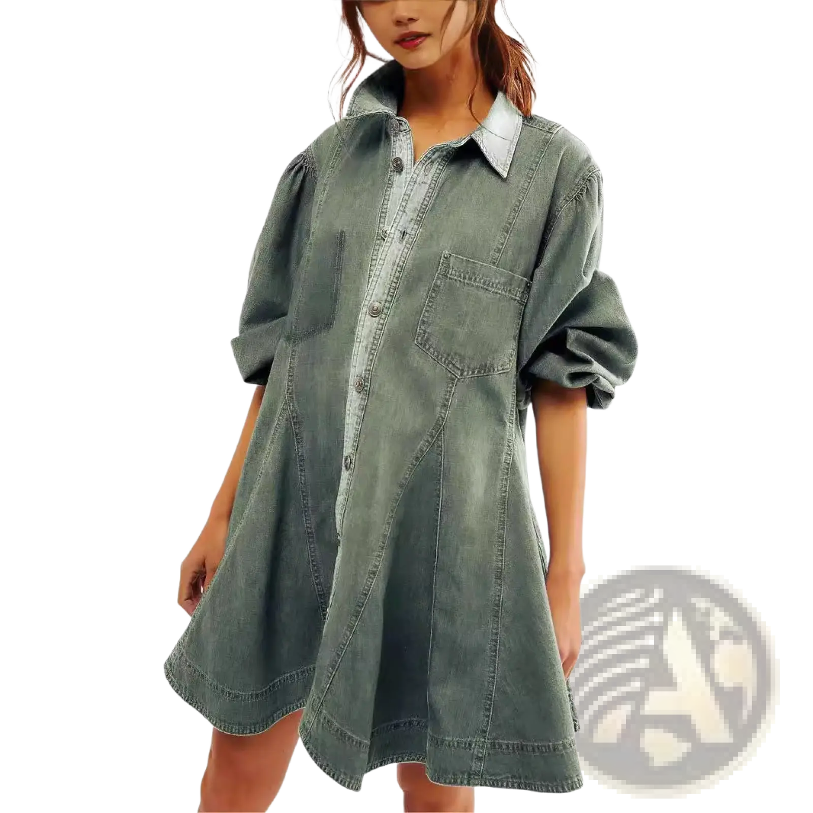 Lantern sleeve patch pocket oversized denim shirt dress in faded green wash with puffed sleeves and button front