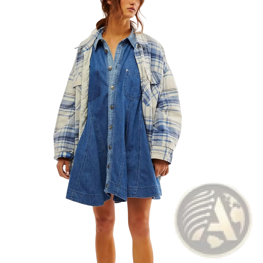 Blue denim button-up lantern sleeve shirt dress layered with a plaid quilted jacket for a stylish layered look