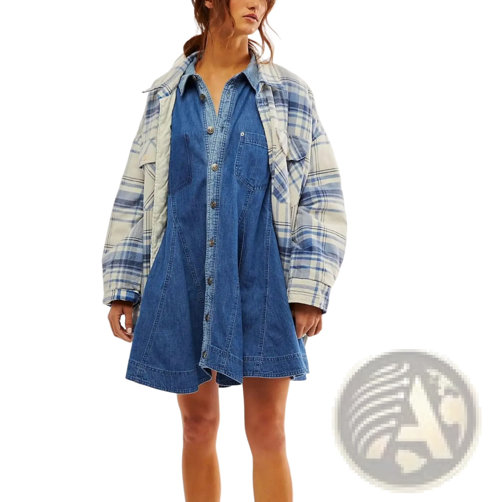 Blue denim button-up lantern sleeve shirt dress layered with a plaid quilted jacket for a stylish layered look