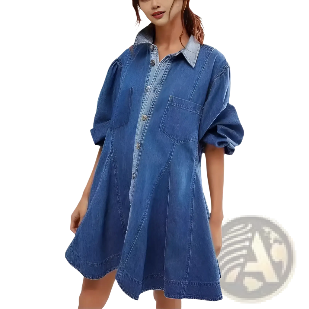 Blue denim shirt dress with button front lantern sleeves and patch pockets for casual wear