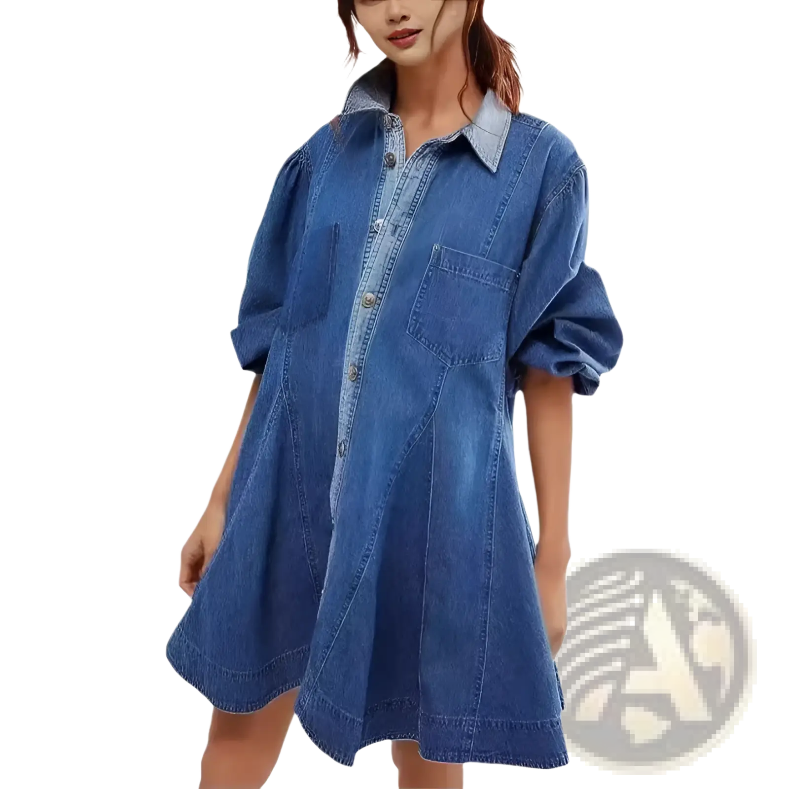 Blue denim shirt dress with button front lantern sleeves and patch pockets for casual wear
