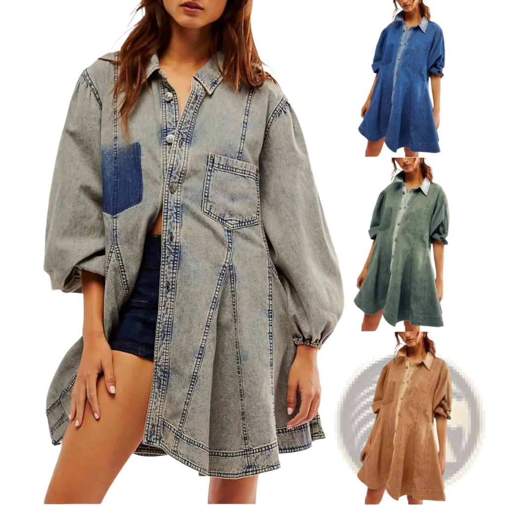 Denim shirt dress in faded gray with lantern sleeves, blue patch pockets, and rolled cuffs in soft denim material