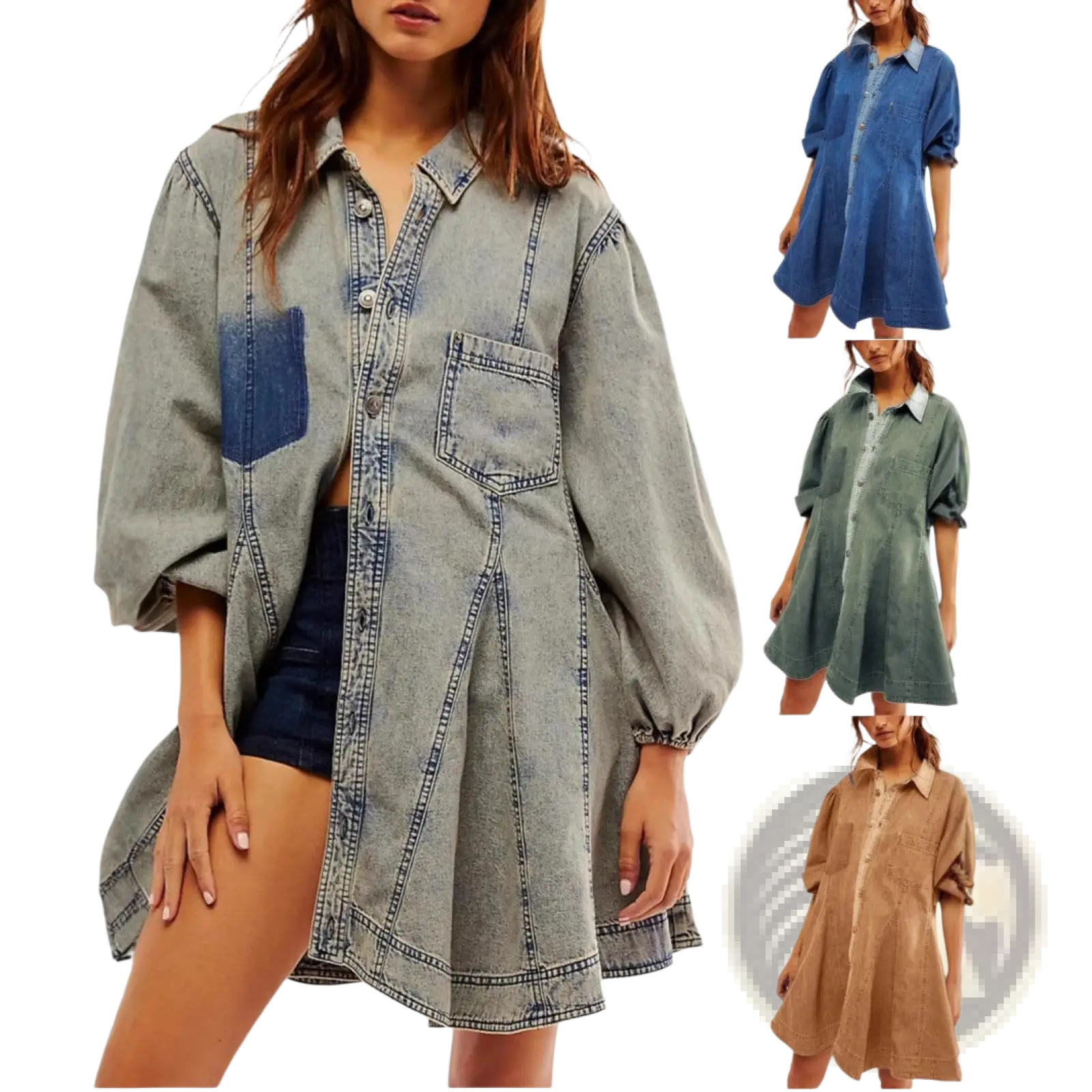 Denim shirt dress in faded gray with lantern sleeves, blue patch pockets, and rolled cuffs in soft denim material