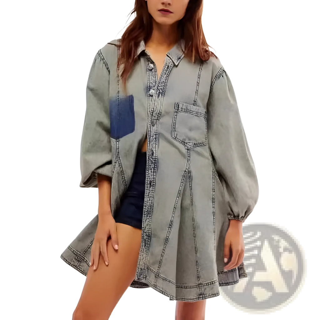 Lantern sleeve patch pocket denim shirt dress in light-wash with dark blue pocket and visible stitching details