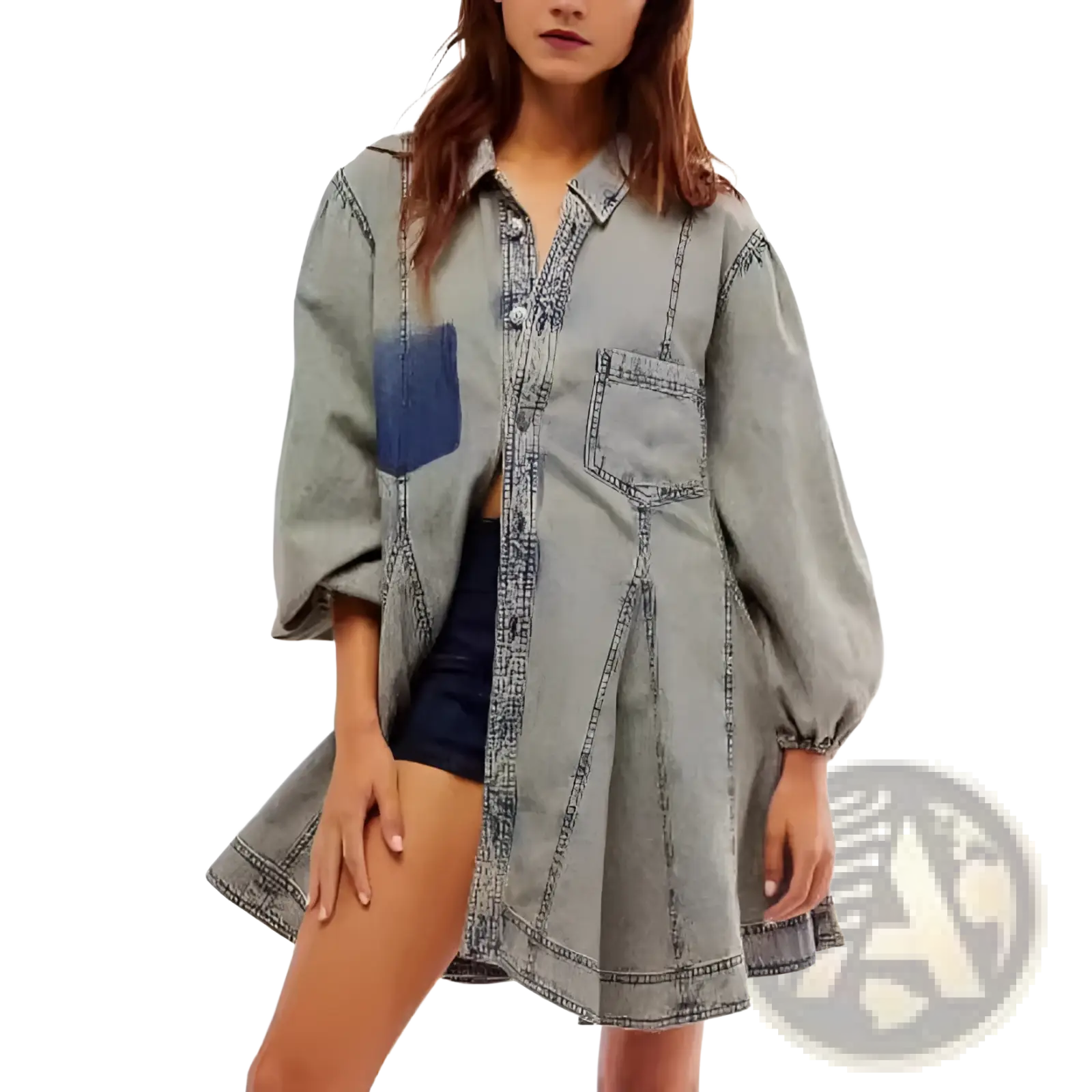 Lantern sleeve patch pocket denim shirt dress in light-wash with dark blue pocket and visible stitching details