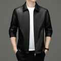 Men’s premium genuine black leather jacket with classic lapel collar and full-length zipper closure