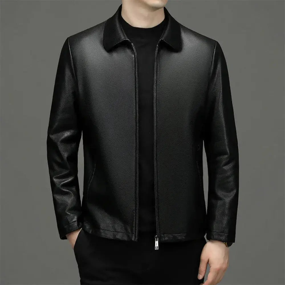 Men’s premium genuine leather black jacket with classic lapel collar and front zipper for stylish outerwear