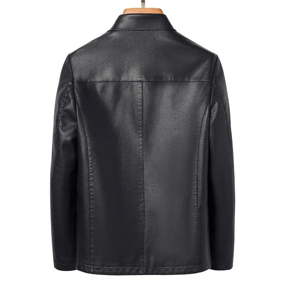 Men’s premium genuine leather jacket in black faux leather with classic collar and straight seam stitching