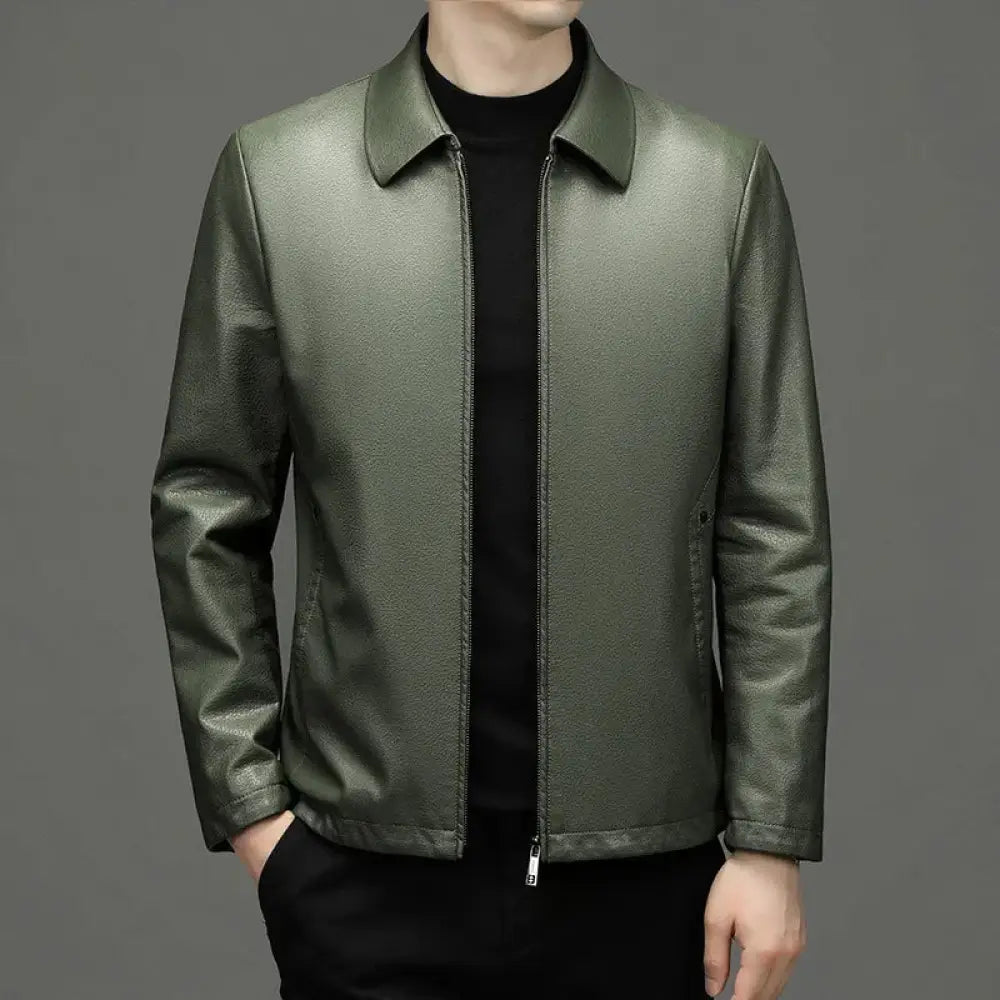 Men’s premium genuine leather olive green zip-up jacket with classic collar and subtle faux leather texture