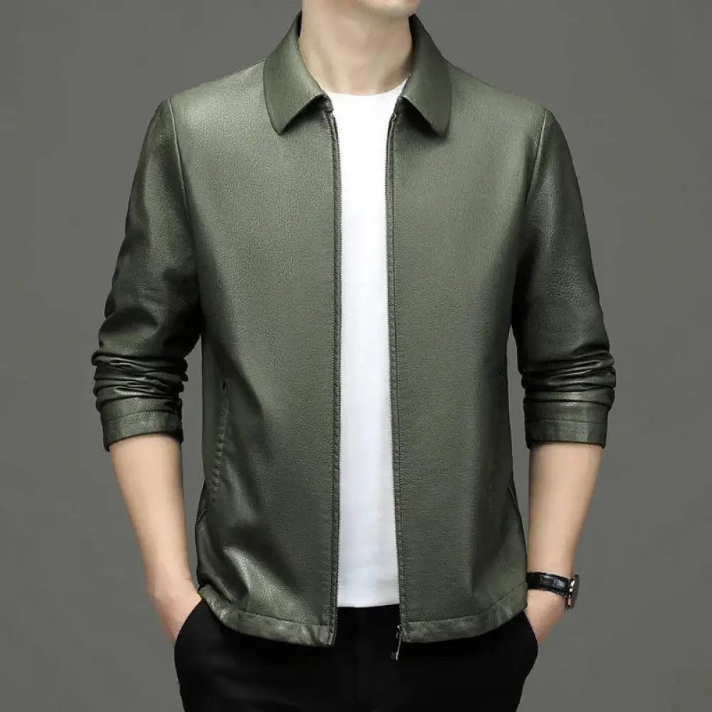 Men’s premium genuine leather olive green faux leather zip-up jacket with lapel collar and rolled sleeves