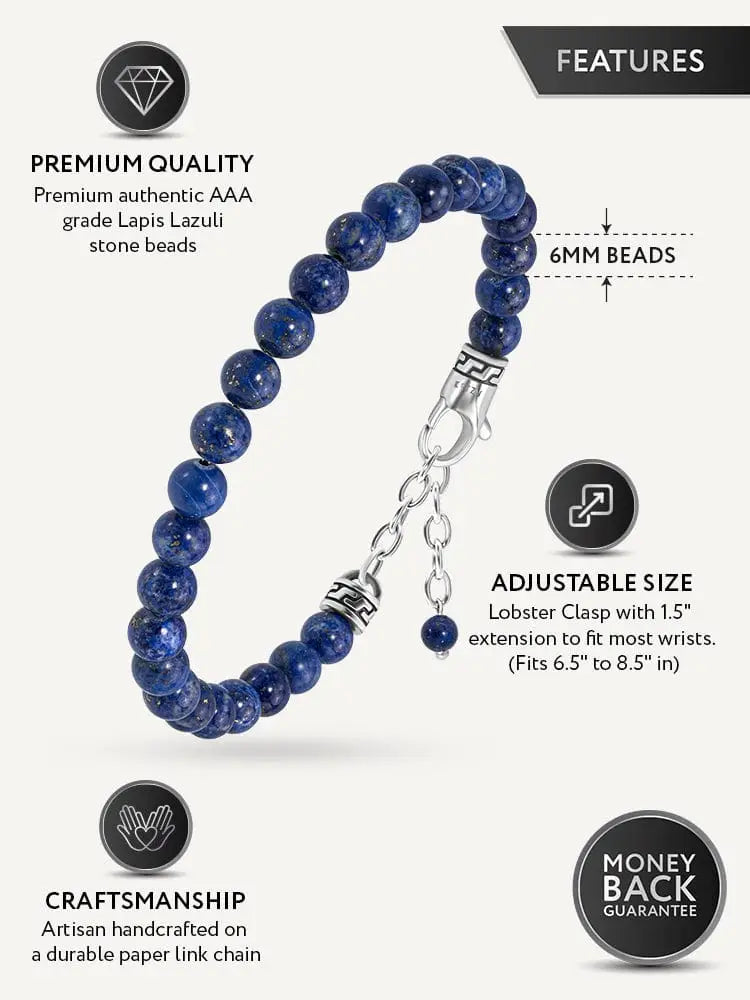A aaa lapis lazuli beaded bracelet featuring deep blue stone beads and a silver Greek key lobster clasp with adjustable chain