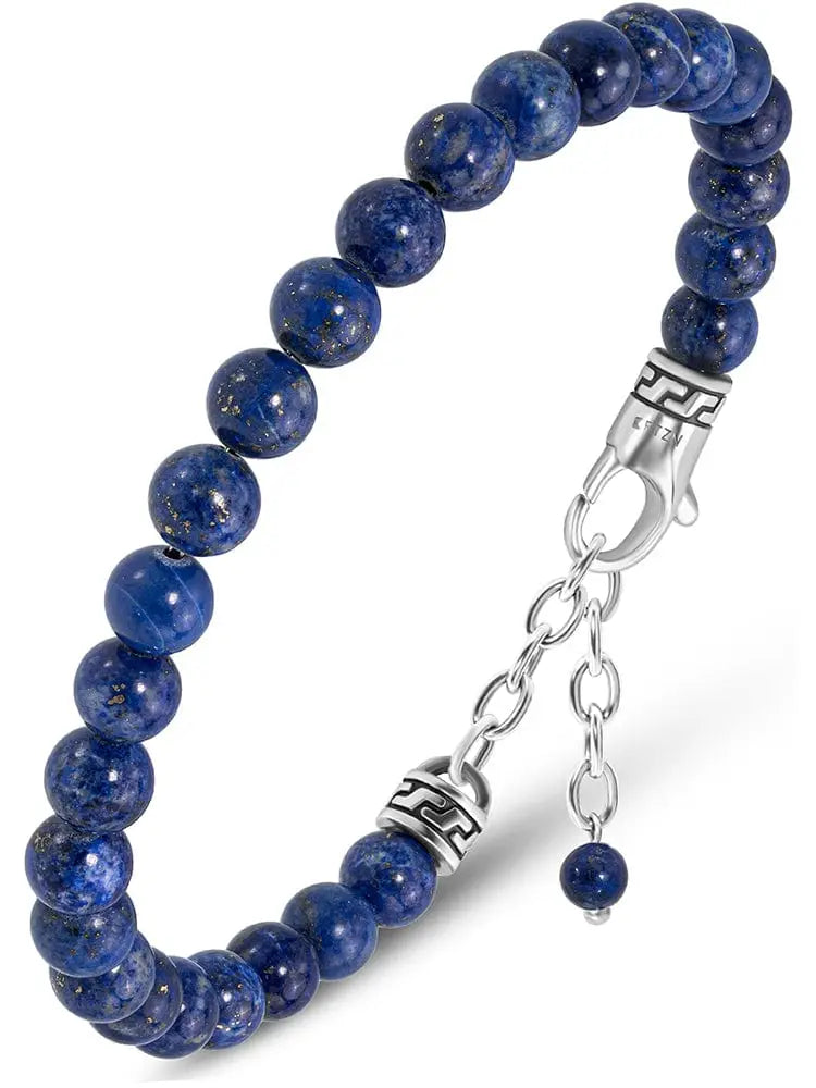 Aaa lapis lazuli beaded bracelet featuring blue stones with a silver Greek key pattern clasp and chain extension