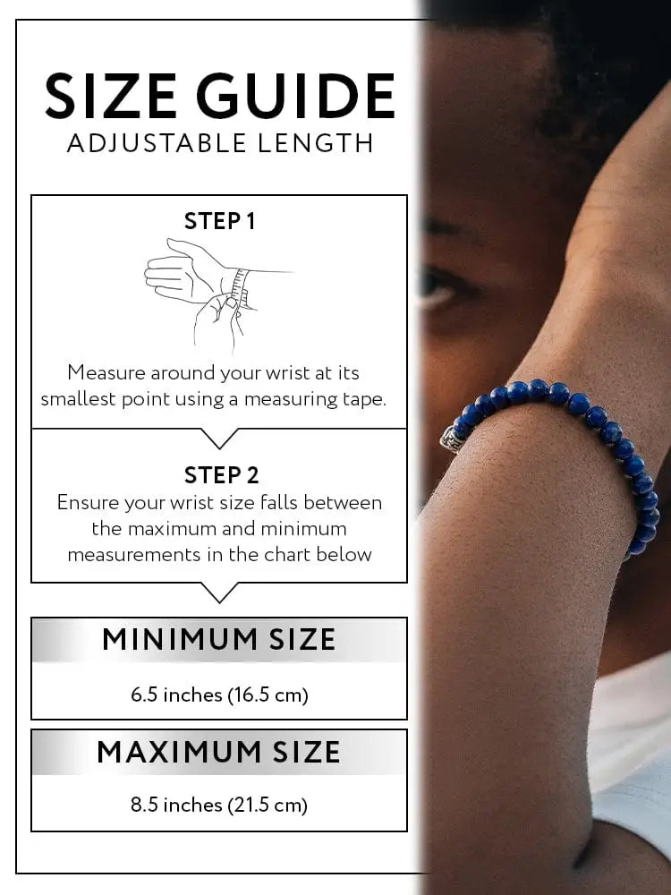 Aaa lapis lazuli blue beaded bracelet with small round beads and a silver Greek key clasp worn on a wrist
