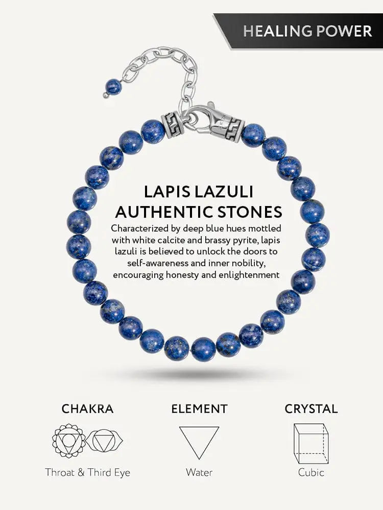 Aaa lapis lazuli beaded bracelet with deep blue stones featuring white calcite and brass pyrite flecks with silver clasp