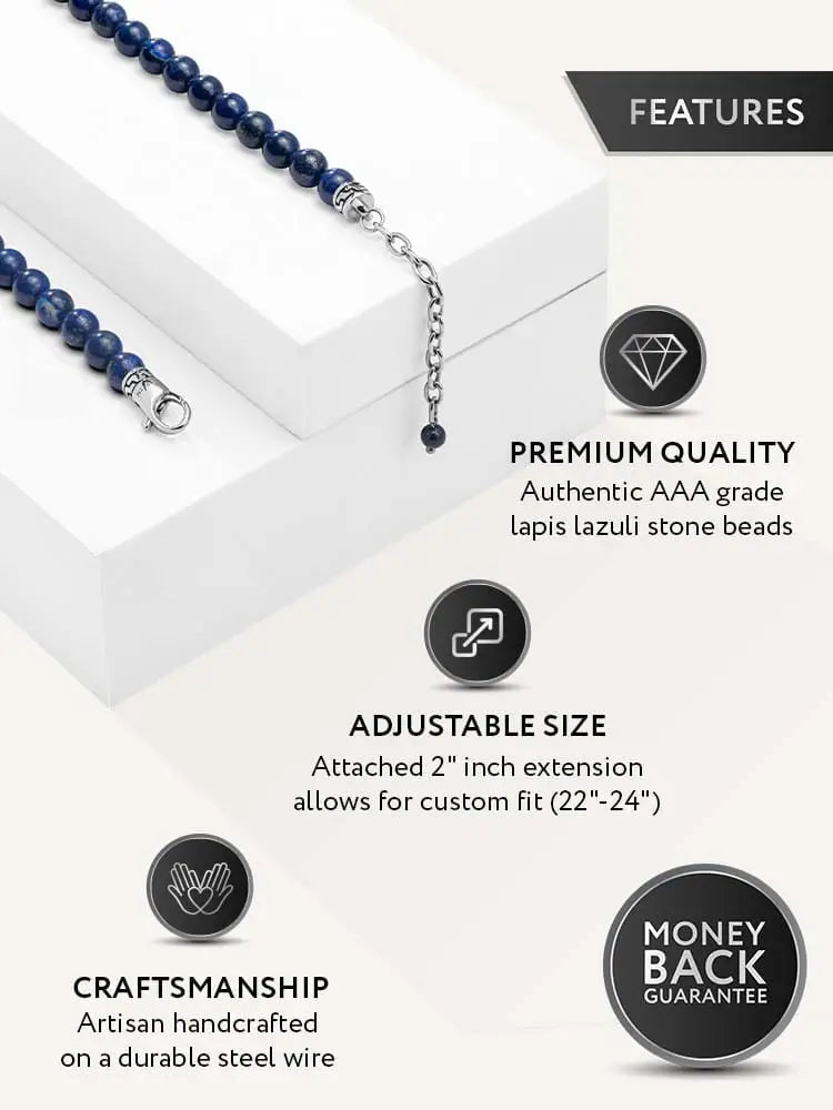 A delicate aaa lapis lazuli deep blue beaded silver necklace with steel wire and adjustable extension chain