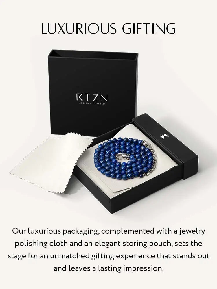 Aaa lapis lazuli deep blue beaded silver necklace with silver-toned clasp in an elegant black gift box