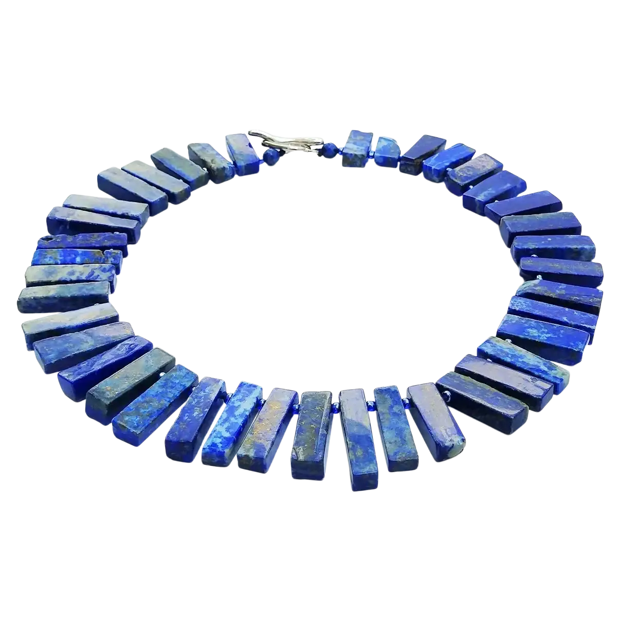 A striking blue lapis lazuli choker necklace with rectangular faceted stones and natural veining in polished finish