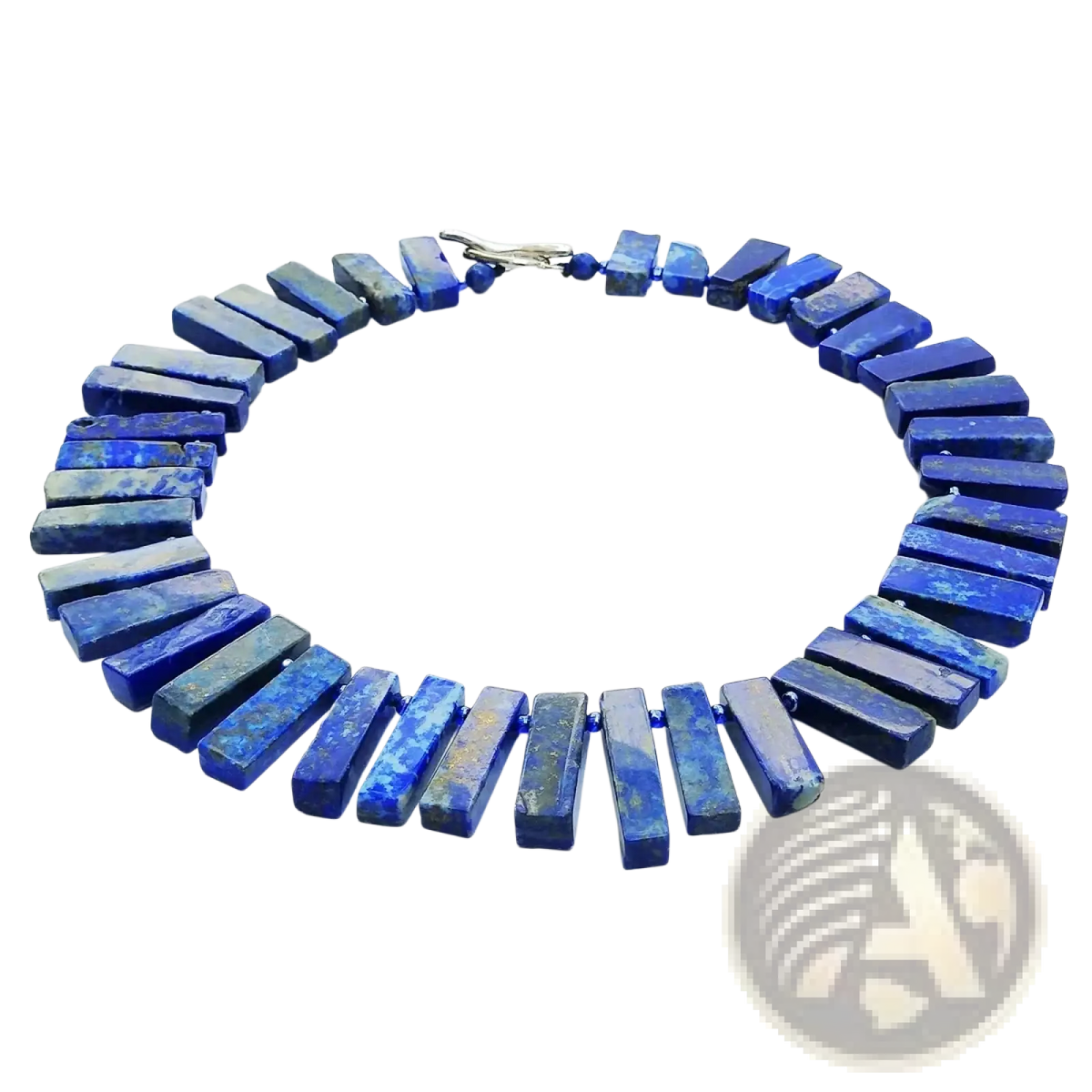 A striking blue lapis lazuli choker necklace with rectangular faceted stones and natural veining in polished finish