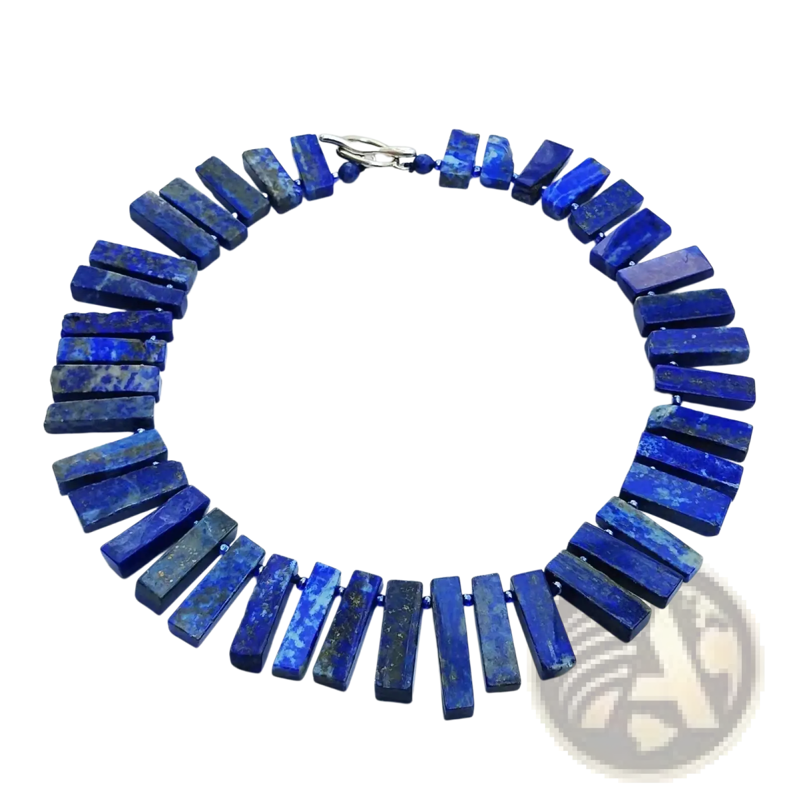 Bold deep blue lapis lazuli choker necklace with rectangular faceted stones and silver toggle clasp statement jewelry
