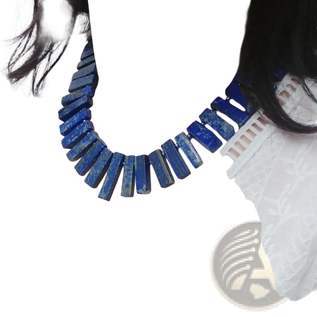 A bold deep blue lapis lazuli choker necklace composed of rectangular gemstone beads for statement jewelry