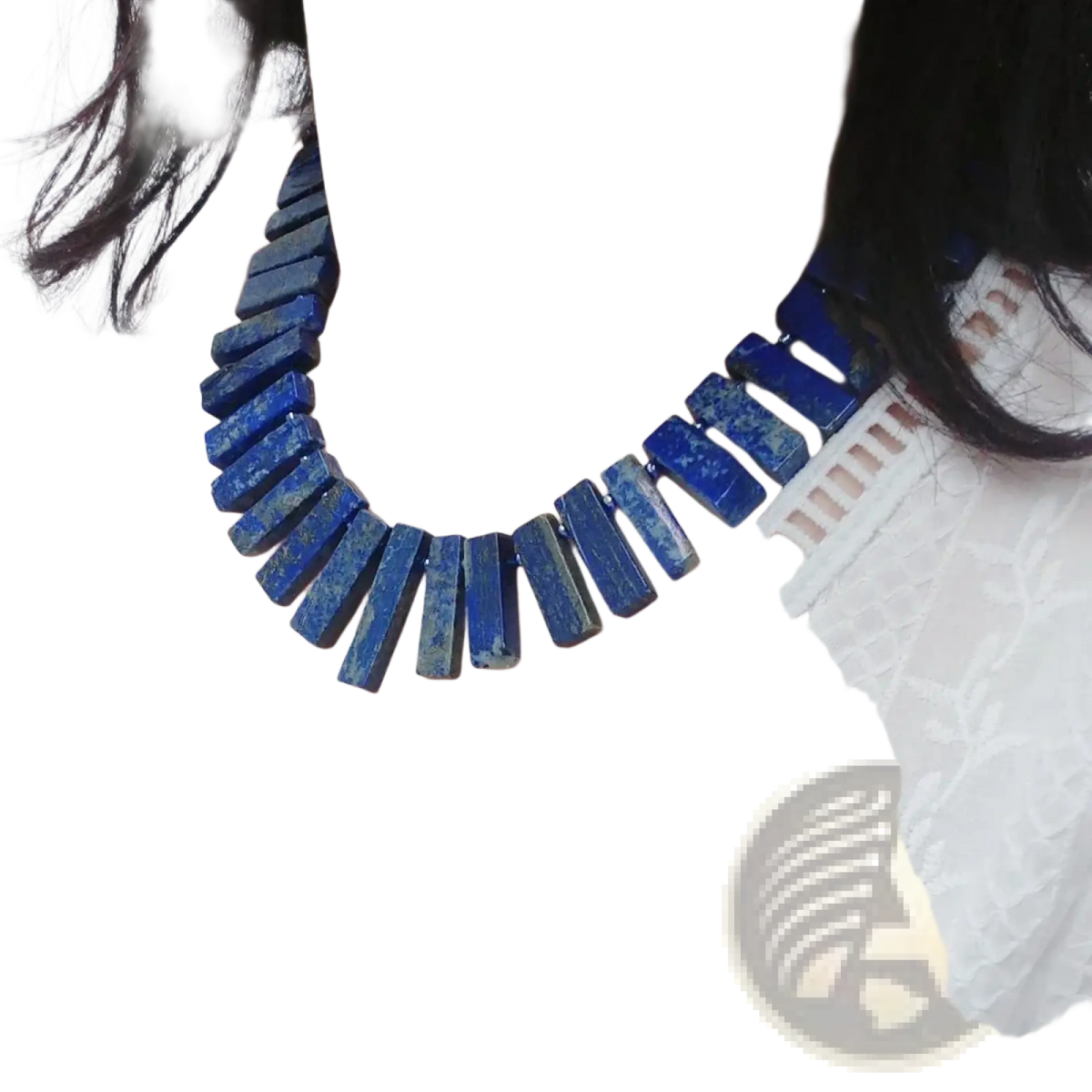 A bold deep blue lapis lazuli choker necklace composed of rectangular gemstone beads for statement jewelry