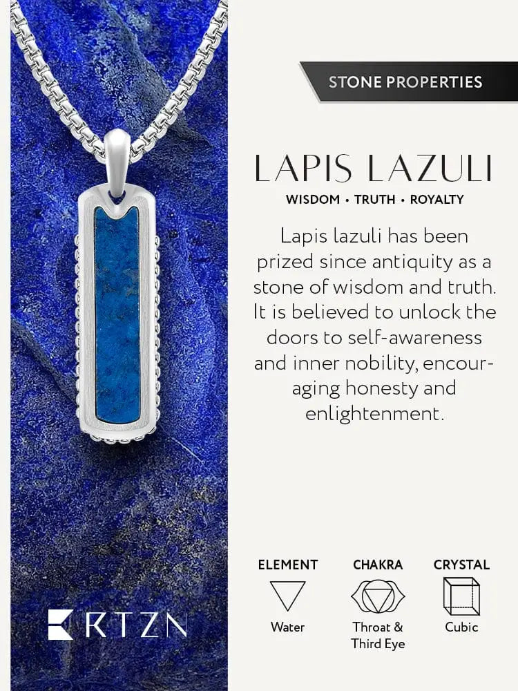 Rectangular stainless steel dog tag necklace with vibrant blue lapis lazuli inlay and ornate beaded border