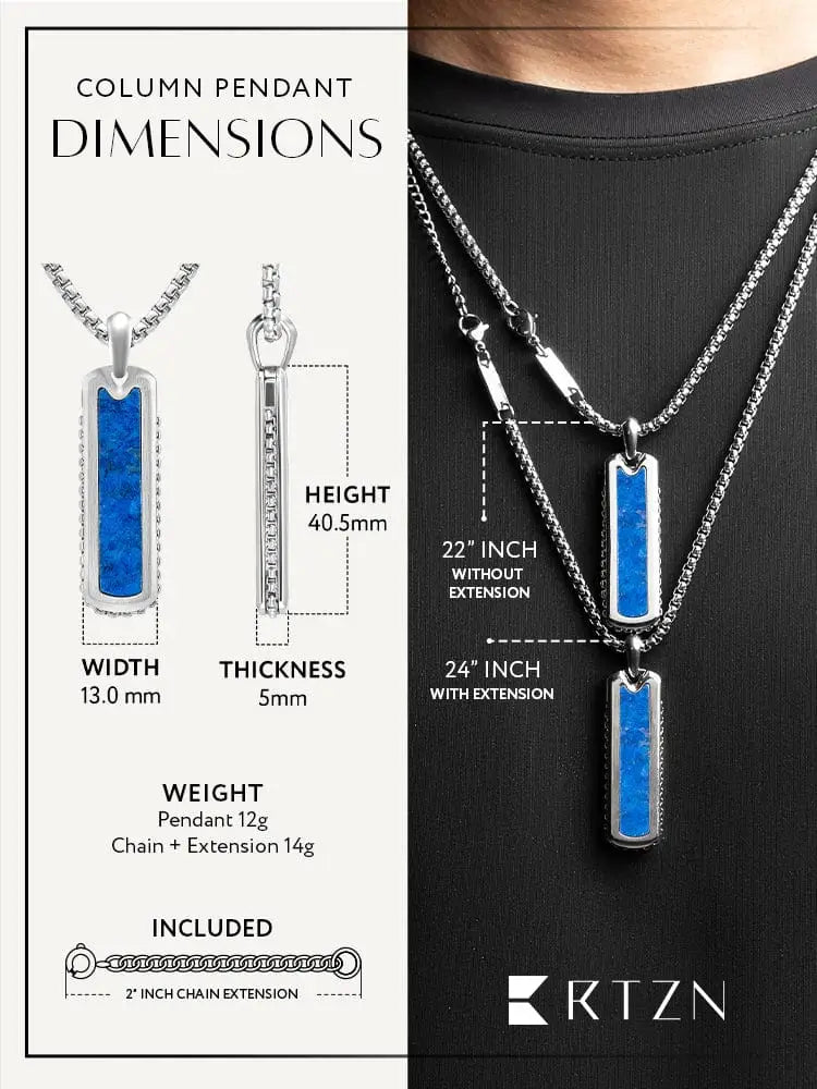 Silver stainless steel dog tag necklace with vibrant blue lapis lazuli inlay and beveled edges in modern design