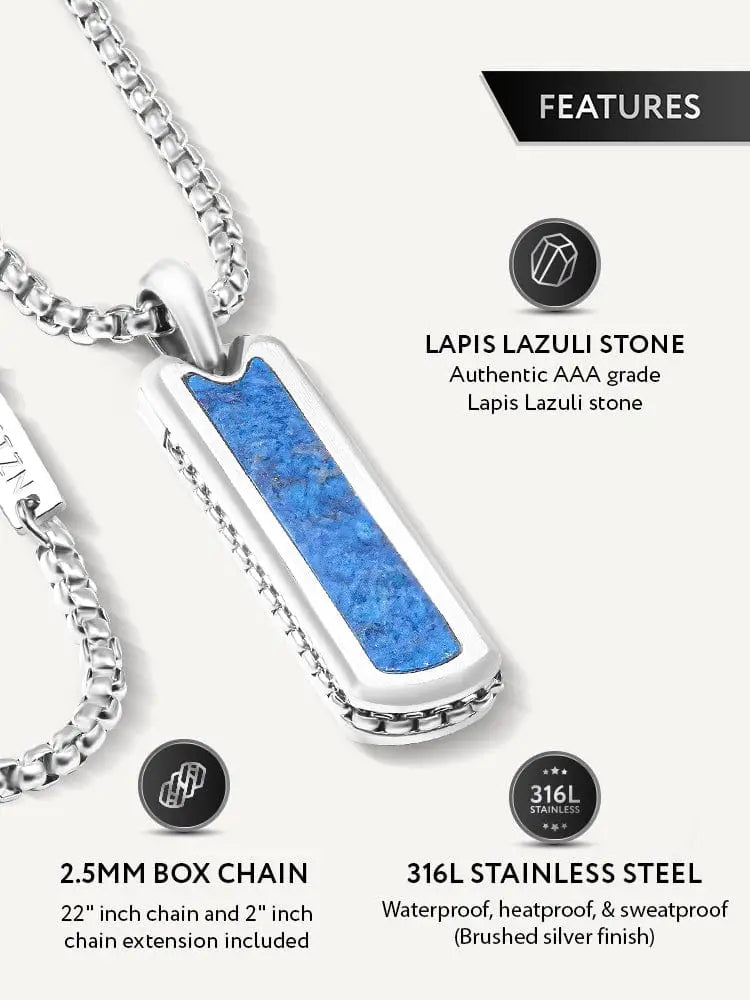 Silver rectangular pendant with authentic aaa-grade blue lapis lazuli in brushed stainless steel frame dog tag necklace