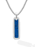 Silver-toned stainless steel dog tag necklace with vibrant blue lapis lazuli inlay and intricate beaded edges