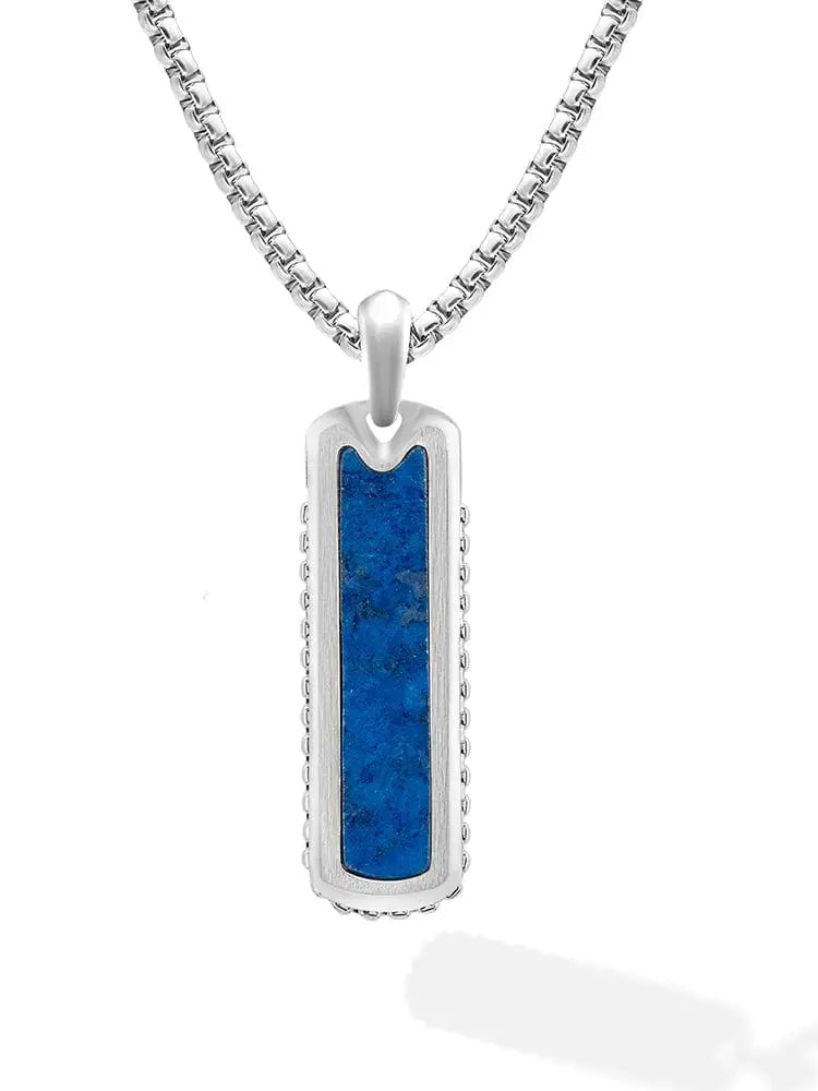 Silver-toned stainless steel dog tag necklace with vibrant blue lapis lazuli inlay and intricate beaded edges
