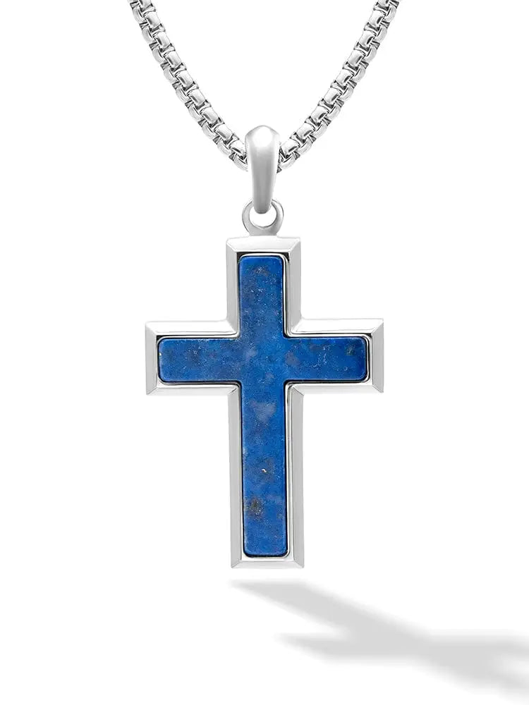Men’s lapis lazuli stainless steel cross necklace with silver pendant and vibrant blue lapis lazuli inlay on box chain