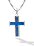 Men’s lapis lazuli stainless steel cross necklace with silver pendant and vibrant blue lapis lazuli inlay on box chain