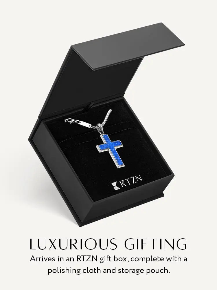 Men’s lapis lazuli stainless steel cross necklace with silver pendant and vibrant blue inlay in black rtzn gift box