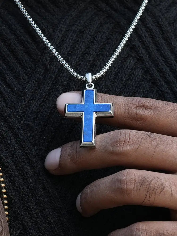 Men’s lapis lazuli stainless steel cross necklace with silver pendant and vibrant blue inlay on matching silver chain