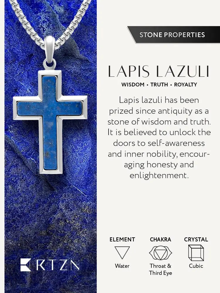Men’s lapis lazuli stainless steel cross necklace with silver pendant and vibrant blue lapis lazuli inlay on matching chain