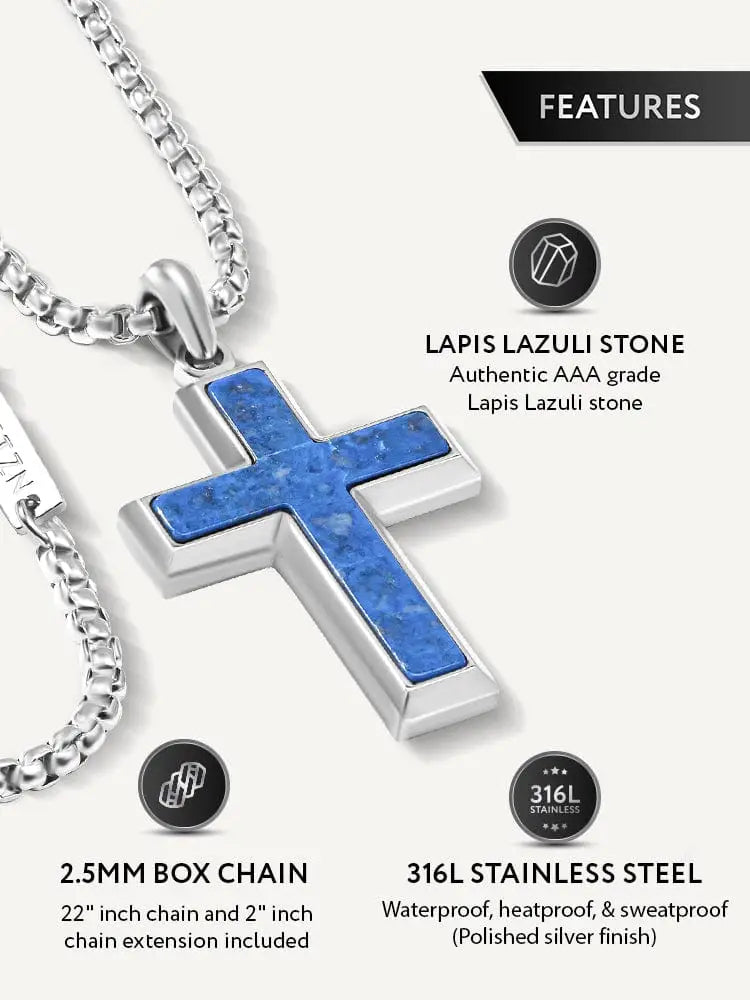 Men’s lapis lazuli stainless steel cross necklace with vibrant blue stone inlay crafted from 316l stainless steel