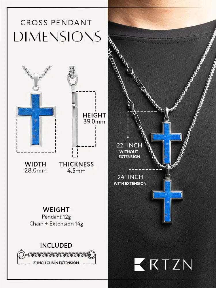 Men’s lapis lazuli cross pendant with blue inlay on a stainless steel silver chain with adjustable extension