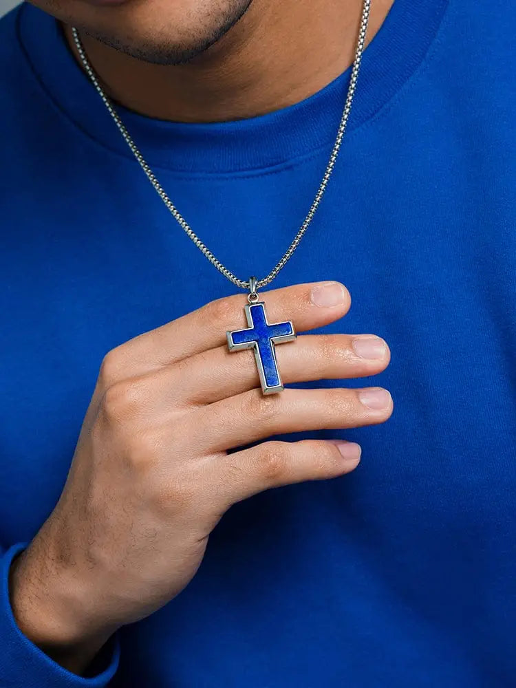 Men’s lapis lazuli stainless steel cross necklace featuring a blue lapis lazuli inlay pendant on a silver chain