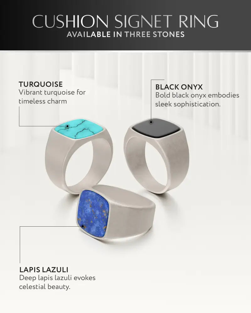 Silver cushion signet ring with square-cut lapis lazuli stone set in oxidized stainless steel sleek modern band