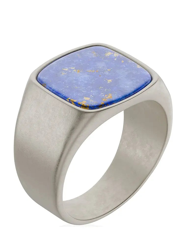 A sleek lapis lazuli cushion signet ring in oxidized stainless steel with a square-cut blue stone and golden flecks