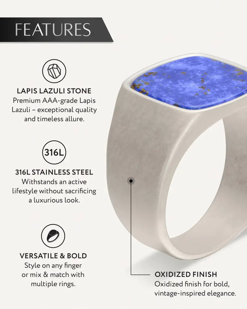 A bold lapis lazuli cushion signet ring with vibrant blue stone set in oxidized 316l stainless steel