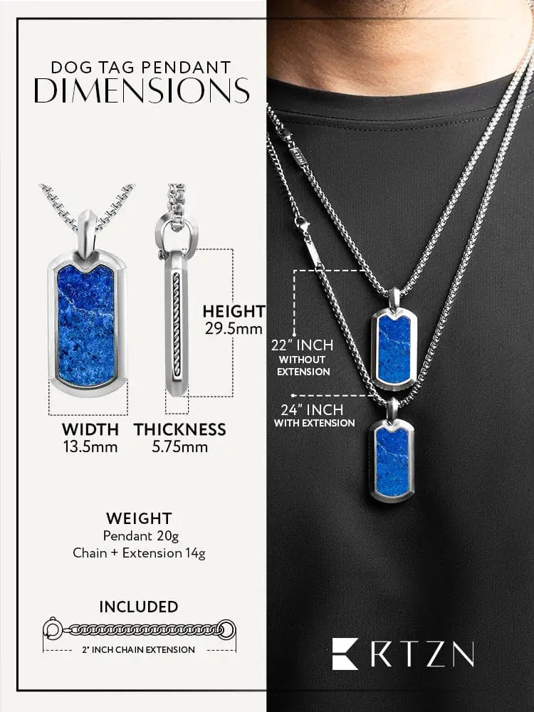 Blue marbled lapis lazuli inlay dog tag pendant with silver-toned metal frame designed by rtzn