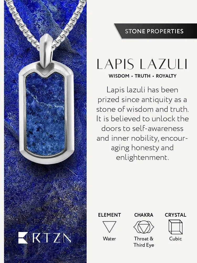 Silver-toned dog tag necklace with vibrant blue lapis lazuli stone set in polished metal frame