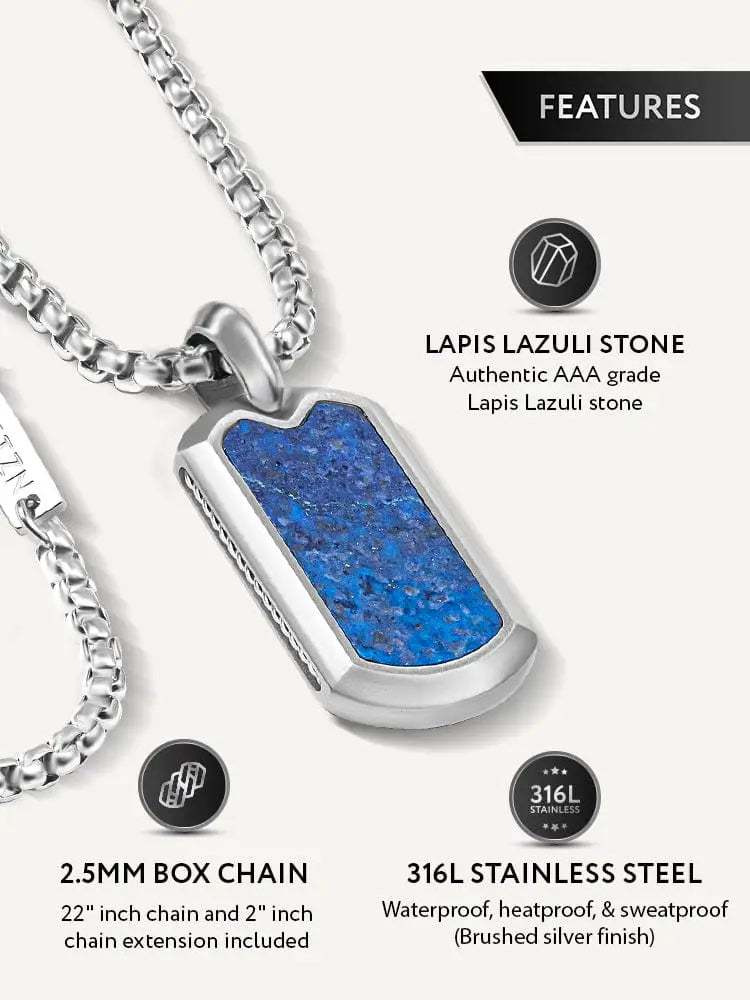 Silver dog tag necklace with authentic aaa grade blue lapis lazuli stone in 316l stainless steel brushed finish
