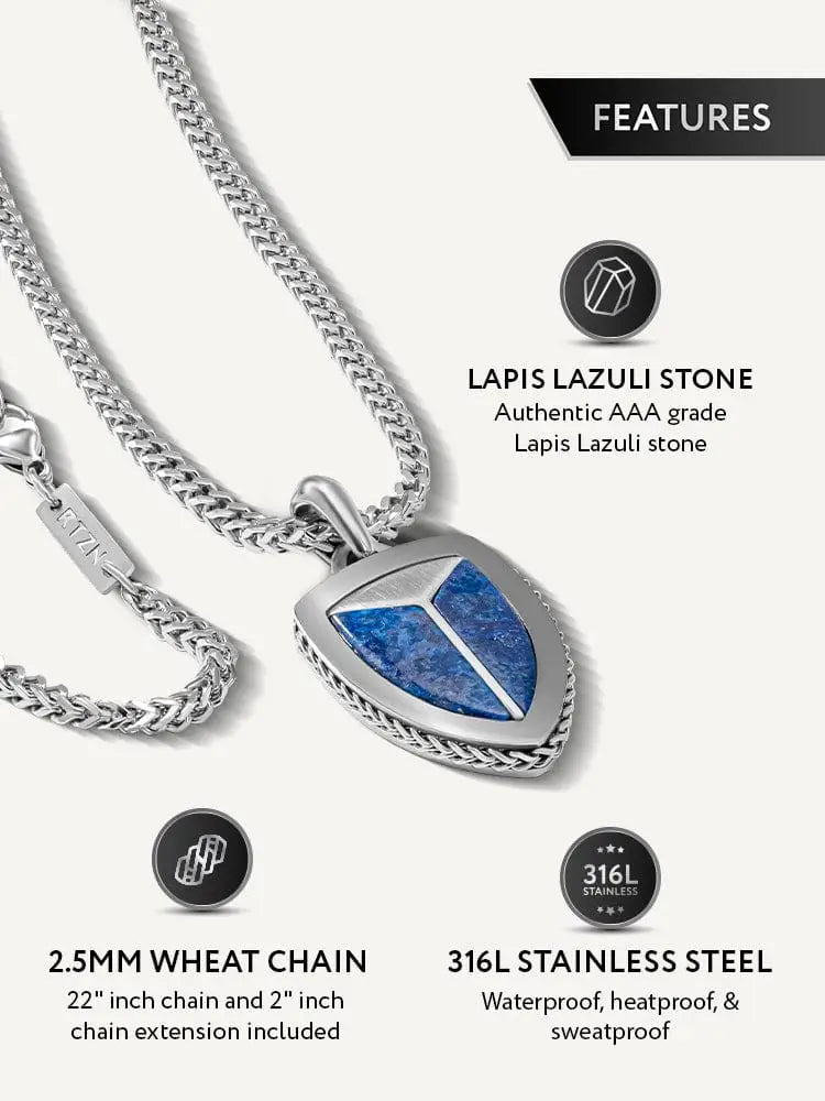 Silver shield pendant with vibrant blue aaa-grade lapis lazuli stone in 316l stainless steel on matching wheat chain