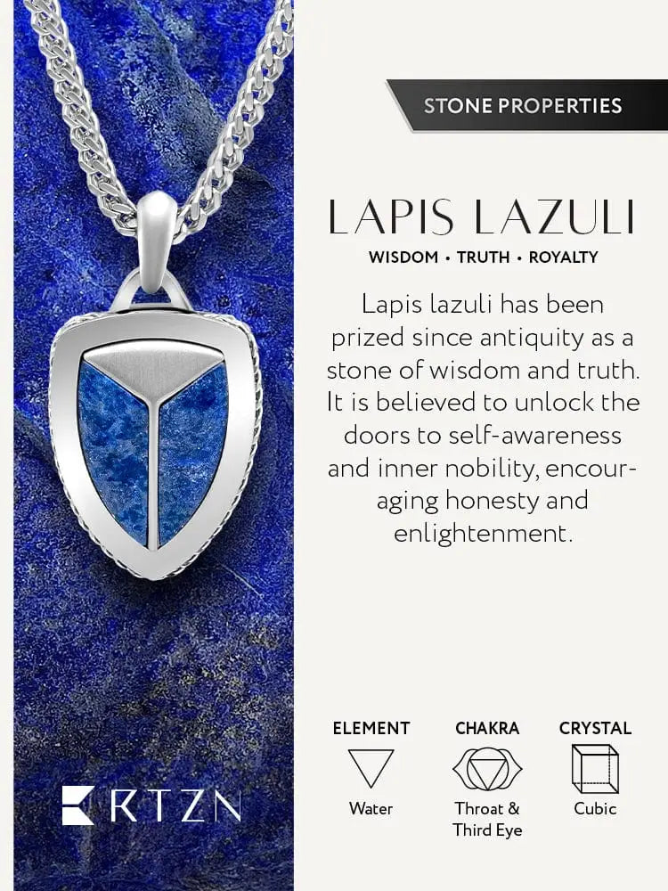 Silver shield-shaped pendant with vibrant blue lapis lazuli stone in 316l stainless steel setting