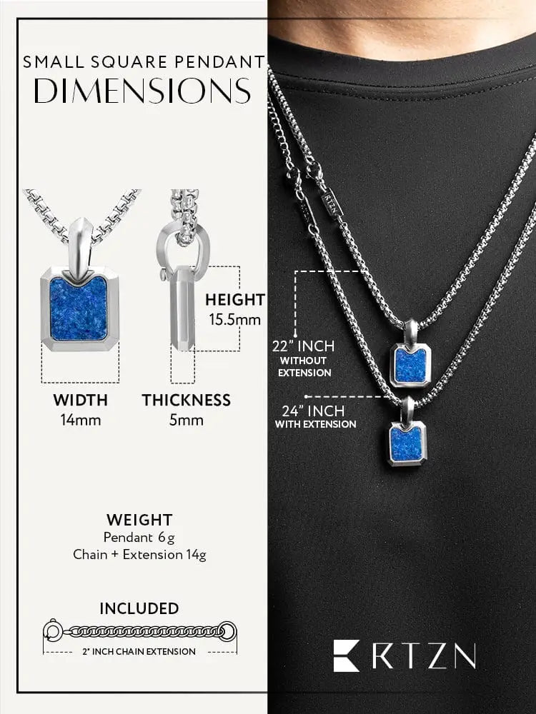 Silver-toned stainless steel necklace featuring a small square AAA lapis lazuli pendant with vibrant blue glittery inlay