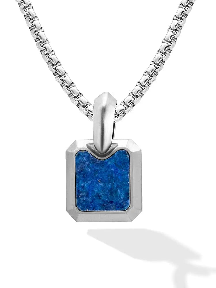 Silver-toned stainless steel necklace with rectangular faceted blue lapis lazuli pendant in polished metal setting