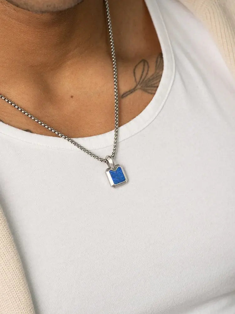 Silver chain necklace with a square lapis lazuli blue inlay pendant made of stainless steel for elegant wear