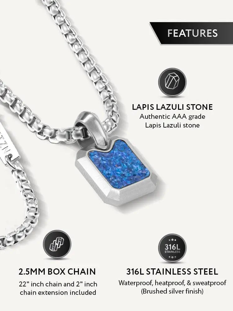 Silver-toned rectangular pendant necklace with vibrant blue aaa-grade lapis lazuli set in 316l stainless steel